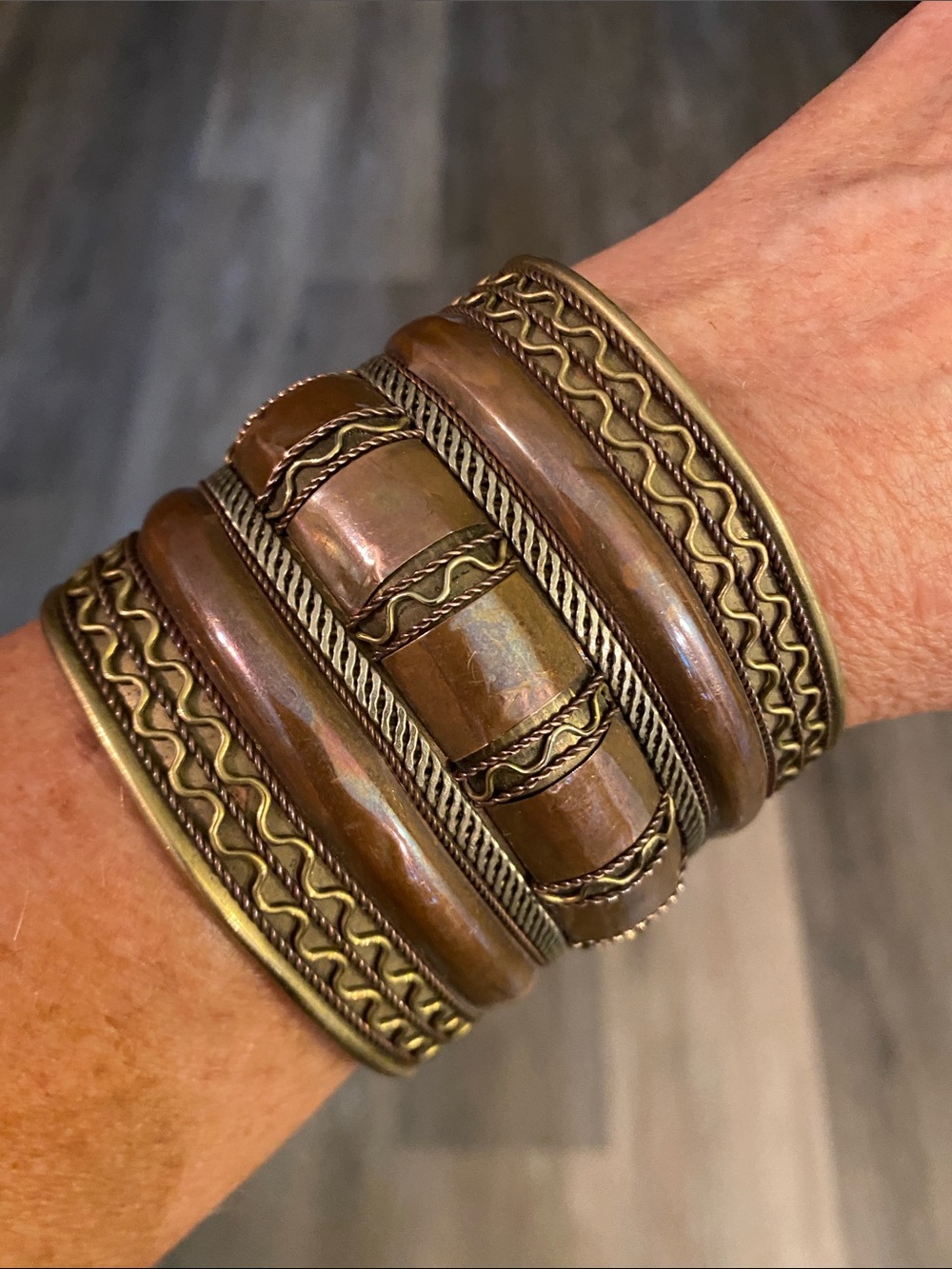 Vintage Wide Copper & Brass Cuff Bracelet Boho Artisan Statement 6cm wide